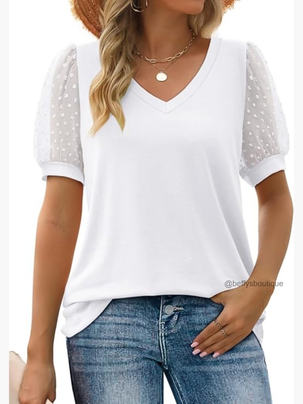 Swiss Dot Puff Sleeve V Neck T Shirt Loose Casual Summer Top